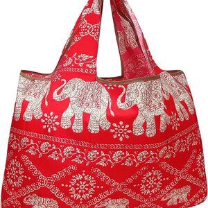Large Foldable Nylon Reusable Tote Bag with Elephants Pattern for Shopping and T